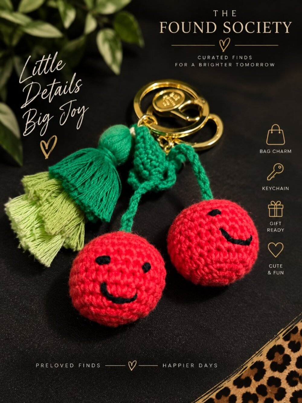 NWT Hallmark Crochet Smiley Cherry Keychain Bag Charm Red Green